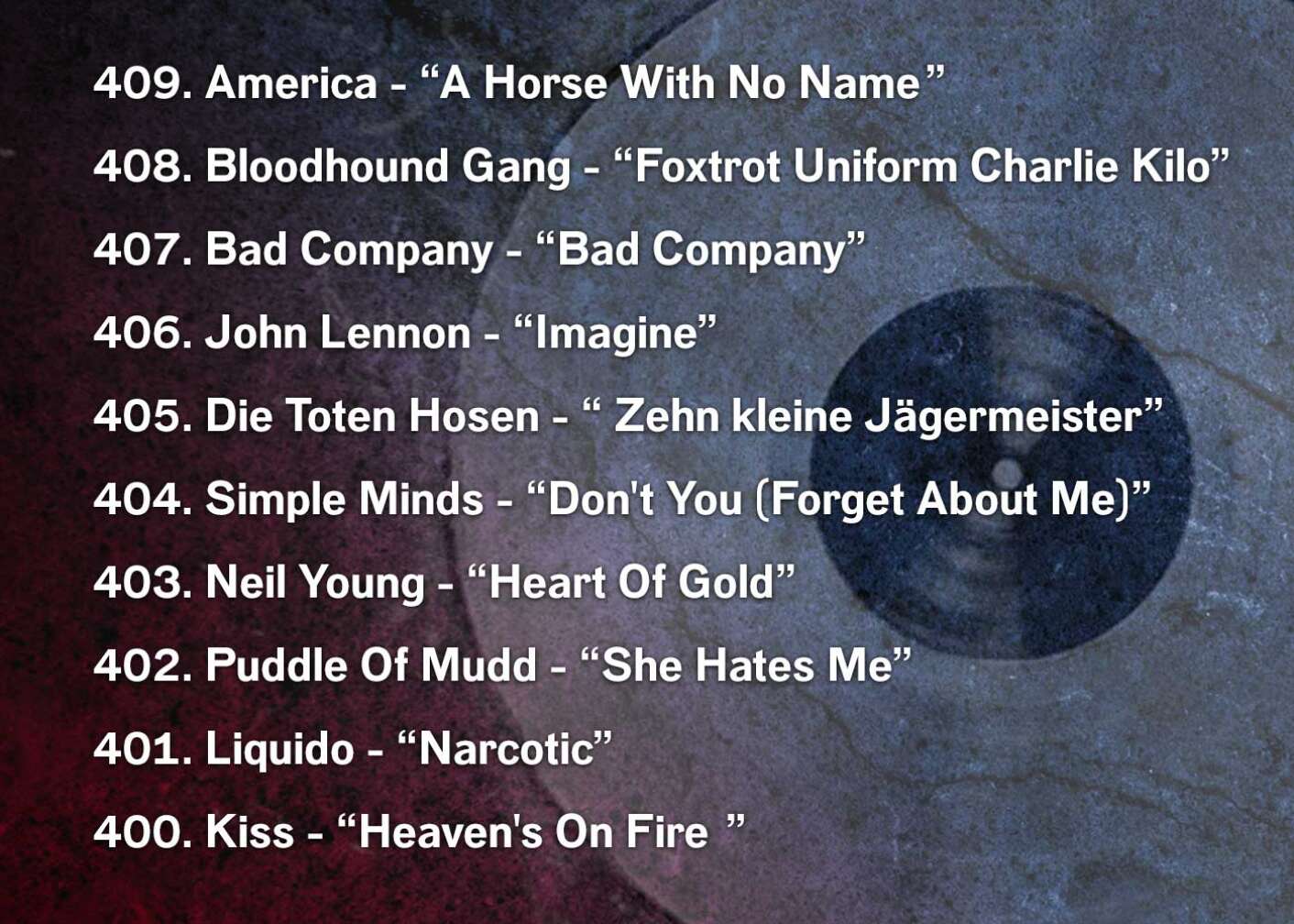 409. America - “A Horse With No Name	” 408. Bloodhound Gang - “Foxtrot Uniform Charlie Kilo” 407. Bad Company - “Bad Company” 406. John Lennon - “Imagine”	 405. Die Toten Hosen - “ Zehn kleine Jägermeister” 404. Simple Minds - “Don't You (Forget About Me)” 403. Neil Young - “Heart Of Gold” 402. Puddle Of Mudd - “She Hates Me” 401. Liquido - “Narcotic” 400. Kiss - “Heaven's On Fire	”