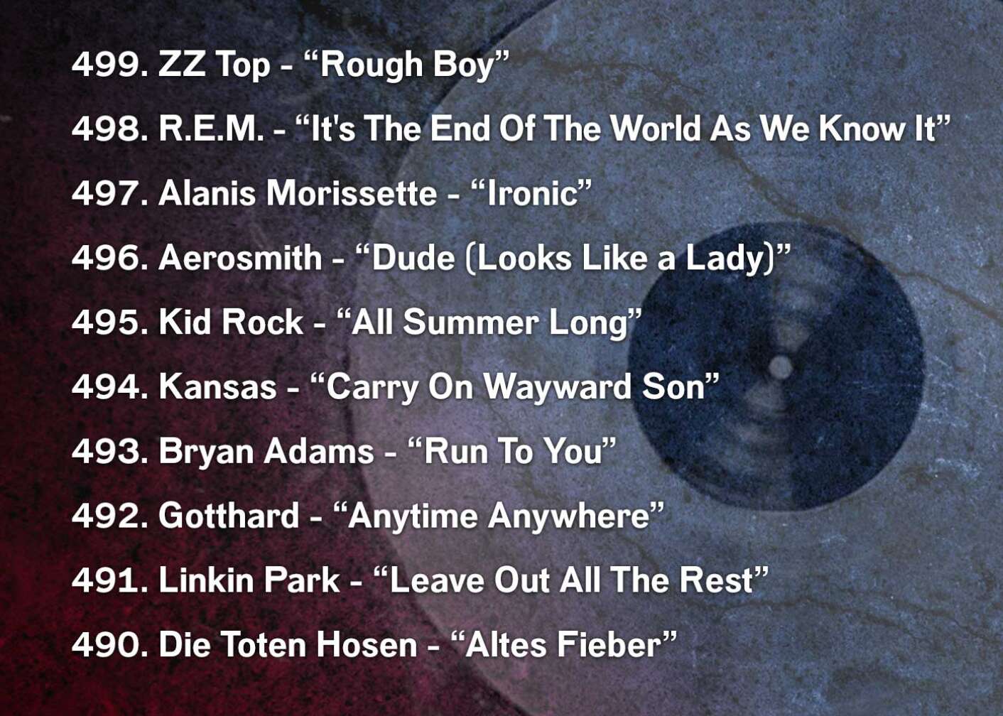 499. ZZ Top - “Rough Boy” 498. R.E.M. - “It's The End Of The World As We Know It” 497. Alanis Morissette - “Ironic” 496. Aerosmith - “Dude (Looks Like a Lady)” 495. Kid Rock - “All Summer Long” 494. Kansas - “Carry On Wayward Son” 493. Bryan Adams - “Run To You” 492. Gotthard - “Anytime Anywhere” 491. Linkin Park - “Leave Out All The Rest” 490. Die Toten Hosen - “Altes Fieber”