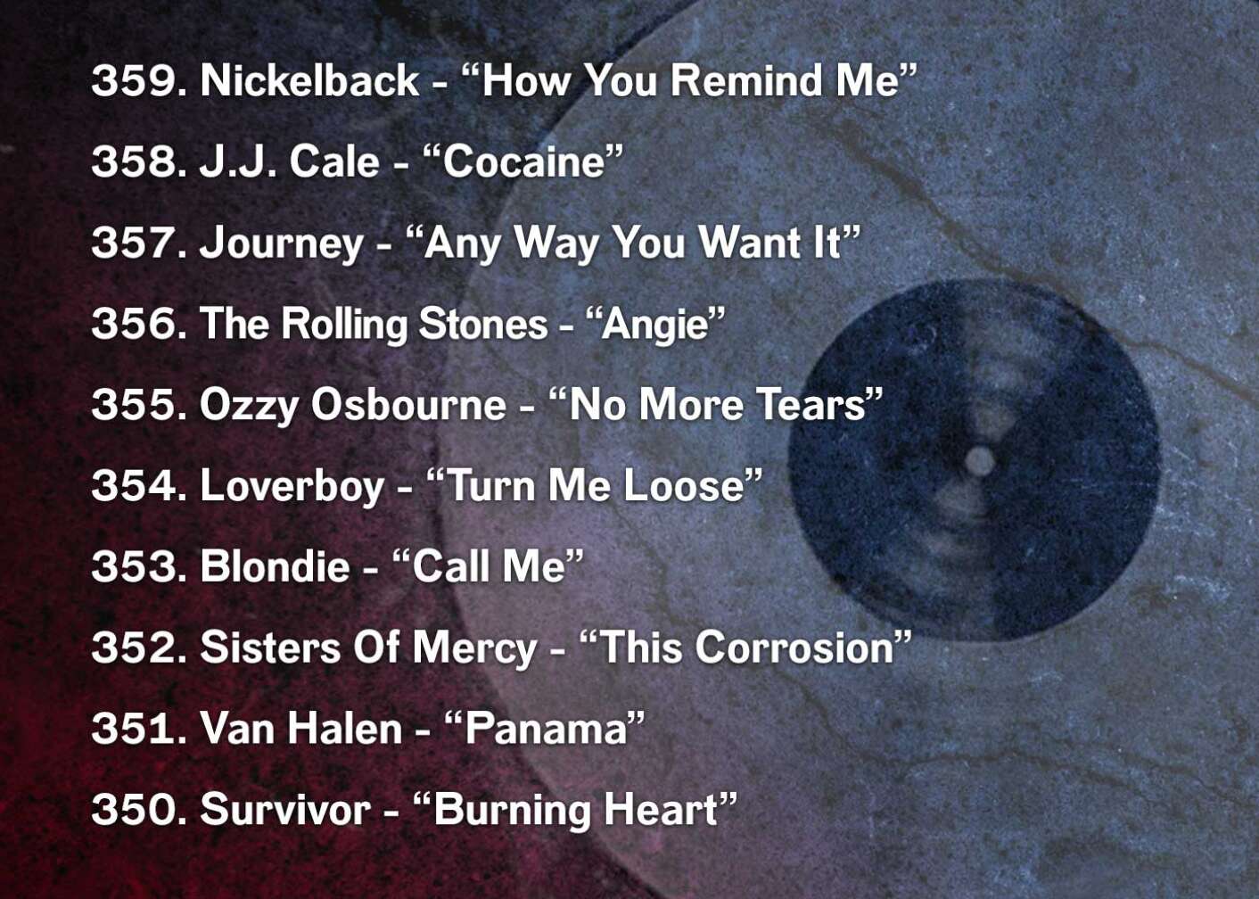359. Nickelback - “How You Remind Me” 358. J.J. Cale	 - “Cocaine” 357. Journey - “Any Way You Want It” 356. The Rolling Stones - “Angie” 355. Ozzy Osbourne - “No More Tears” 354. Loverboy - “Turn Me Loose” 353. Blondie - “Call Me” 352. Sisters Of Mercy - “This Corrosion” 351. Van Halen - “Panama” 350. Survivor - “Burning Heart”