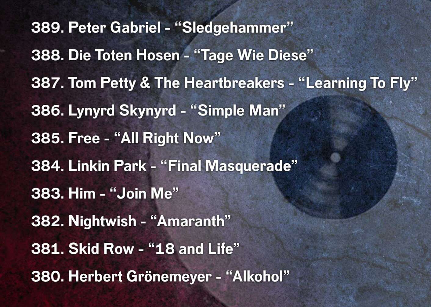 389. Peter Gabriel - “Sledgehammer” 388. Die Toten Hosen - “Tage Wie Diese” 387. Tom Petty & The Heartbreakers - “Learning To Fly” 386. Lynyrd Skynyrd - “Simple Man” 385. Free - “All Right Now” 384. Linkin Park - “Final Masquerade” 383. Him - “Join Me” 382. Nightwish - “Amaranth” 381. Skid Row - “18 and Life” 380. Herbert Grönemeyer - “Alkohol”