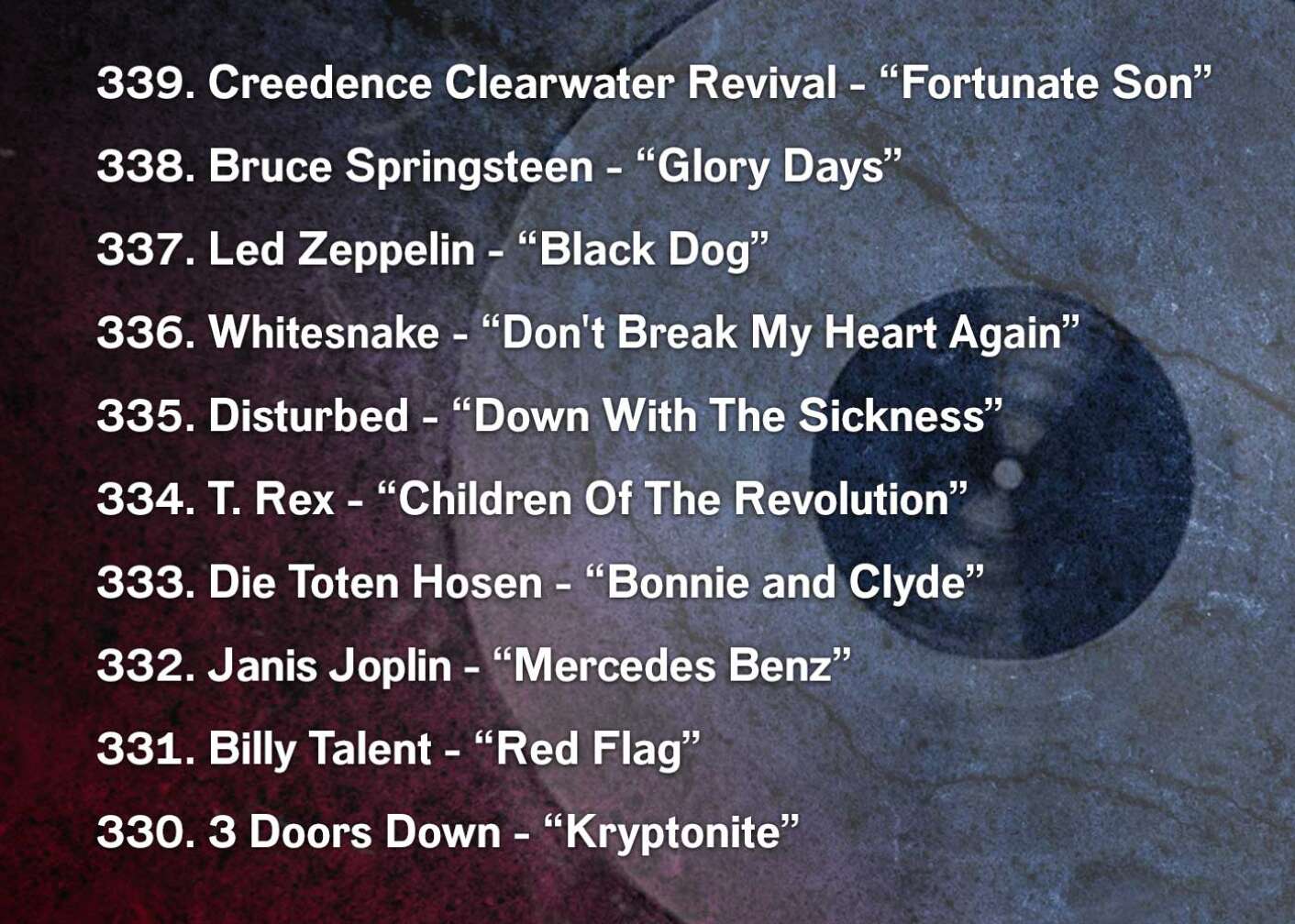 339. Creedence Clearwater Revival - “Fortunate Son” 338. Bruce Springsteen - “Glory Days” 337. Led Zeppelin - “Black Dog” 336. Whitesnake - “Don't Break My Heart Again” 335. Disturbed - “Down With The Sickness” 334. T. Rex - “Children Of The Revolution” 333. Die Toten Hosen - “Bonnie and Clyde” 332. Janis Joplin - “Mercedes Benz” 331. Billy Talent - “Red Flag” 330. 3 Doors Down - “Kryptonite”