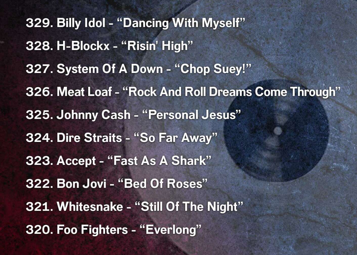 329. Billy Idol - “Dancing With Myself” 328. H-Blockx - “Risin' High” 327. System Of A Down - “Chop Suey!” 326. Meat Loaf - “Rock And Roll Dreams Come Through” 325. Johnny Cash - “Personal Jesus” 324. Dire Straits - “So Far Away” 323. Accept - “Fast As A Shark” 322. Bon Jovi - “Bed Of Roses” 321. Whitesnake - “Still Of The Night” 320. Foo Fighters - “Everlong”