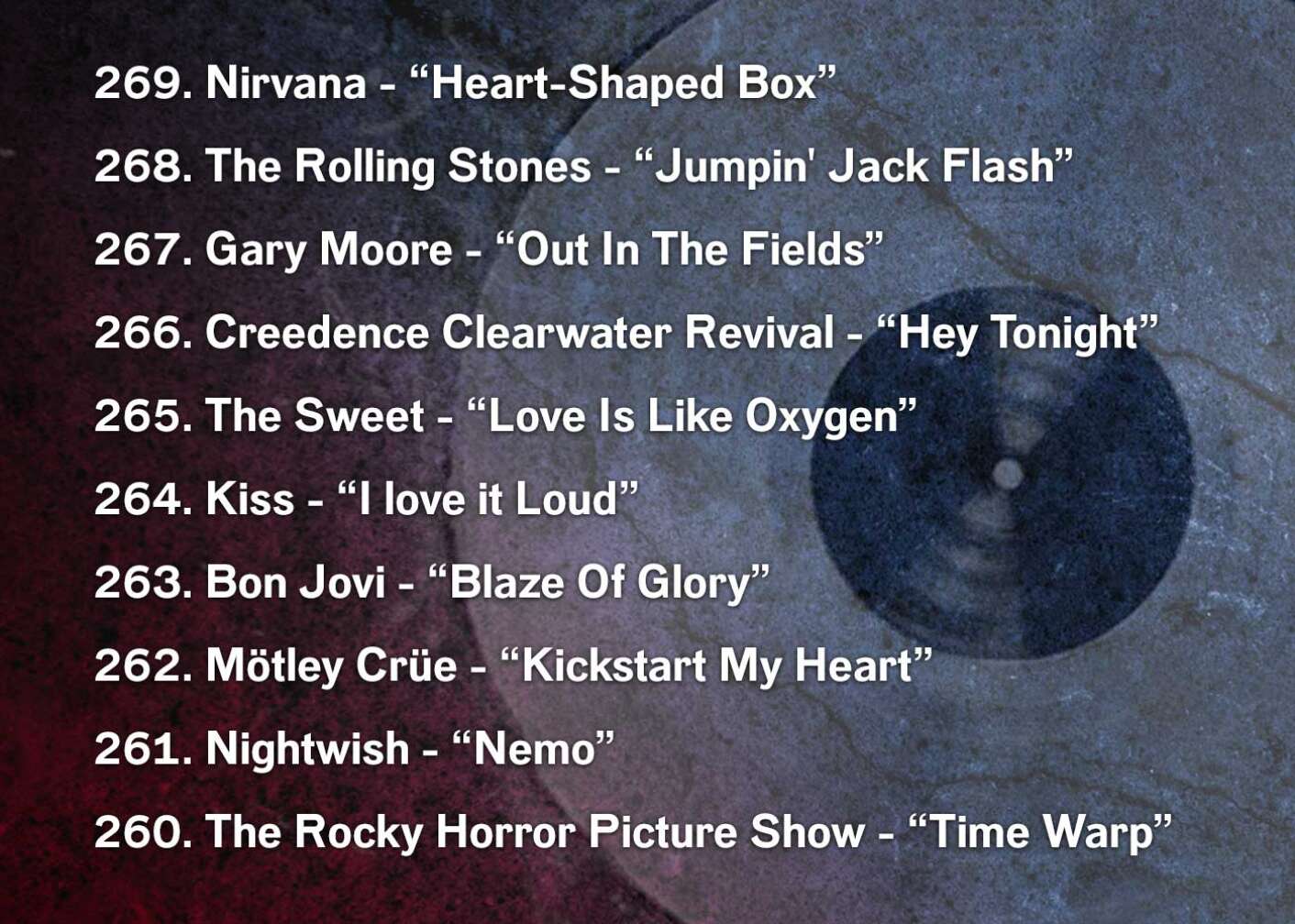 269. Nirvana - “Heart-Shaped Box” 268. The Rolling Stones - “Jumpin' Jack Flash” 267. Gary Moore - “Out In The Fields” 266. Creedence Clearwater Revival - “Hey Tonight” 265. The Sweet - “Love Is Like Oxygen” 264. Kiss - “I love it Loud” 263. Bon Jovi - “Blaze Of Glory” 262. Mötley Crüe - “Kickstart My Heart” 261. Nightwish - “Nemo” 260. The Rocky Horror Picture Show - “Time Warp”