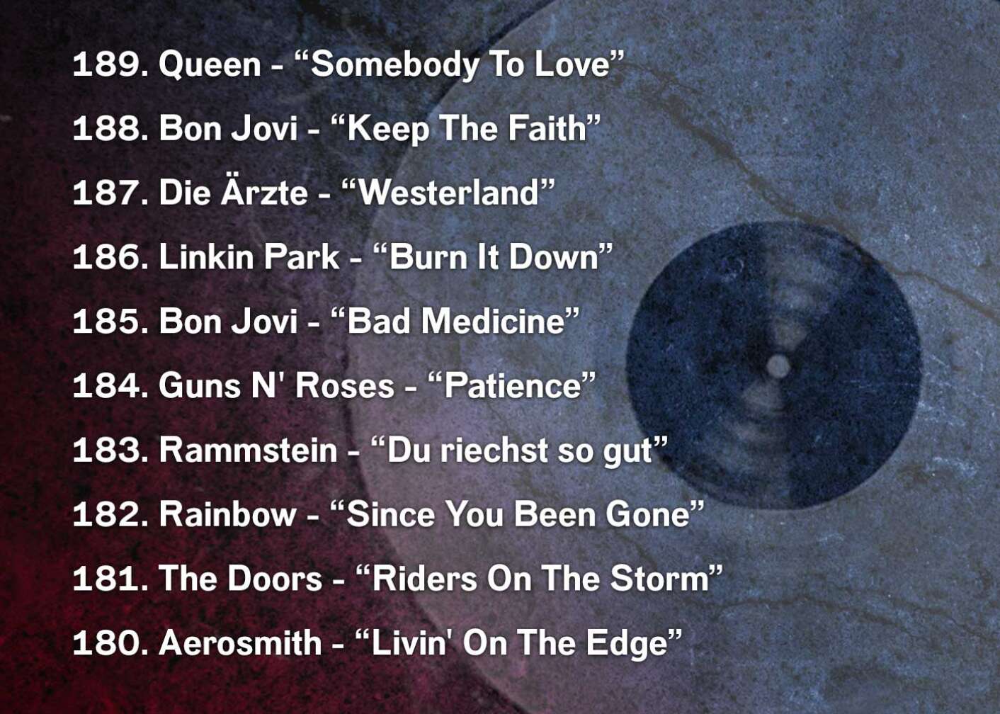 189. Queen - “Somebody To Love” 188. Bon Jovi - “Keep The Faith” 187. Die Ärzte - “Westerland” 186. Linkin Park - “Burn It Down” 185. Bon Jovi - “Bad Medicine” 184. Guns N' Roses - “Patience” 183. Rammstein - “Du riechst so gut” 182. Rainbow - “Since You Been Gone” 181. The Doors - “Riders On The Storm” 180. Aerosmith - “Livin' On The Edge”