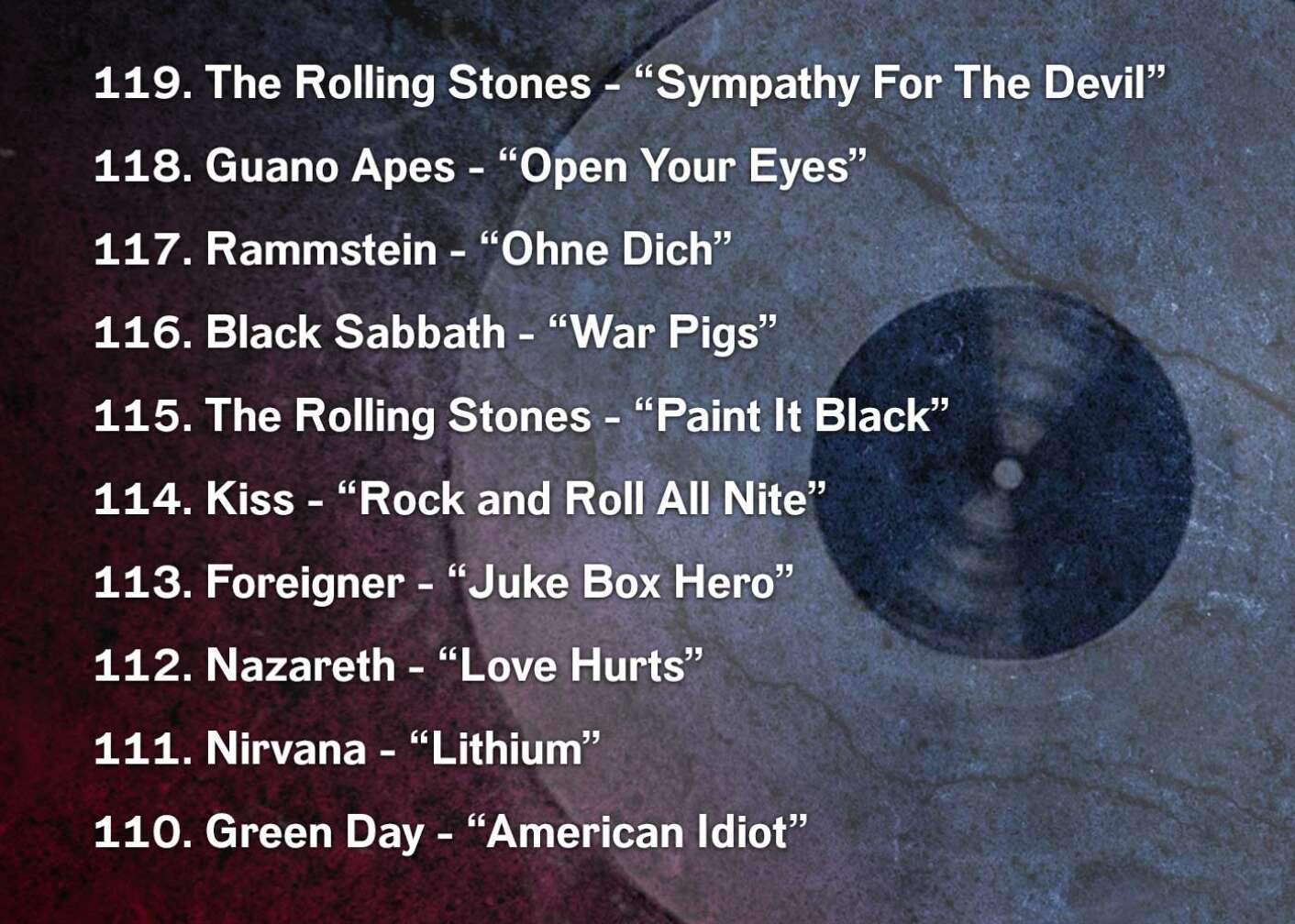 119. The Rolling Stones - “Sympathy For The Devil” 118. Guano Apes - “Open Your Eyes” 117. Rammstein - “Ohne Dich” 116. Black Sabbath - “War Pigs” 115. The Rolling Stones - “Paint It Black” 114. Kiss - “Rock and Roll All Nite” 113. Foreigner - “Juke Box Hero” 112. Nazareth - “Love Hurts” 111. Nirvana - “Lithium” 110. Green Day - “American Idiot”
