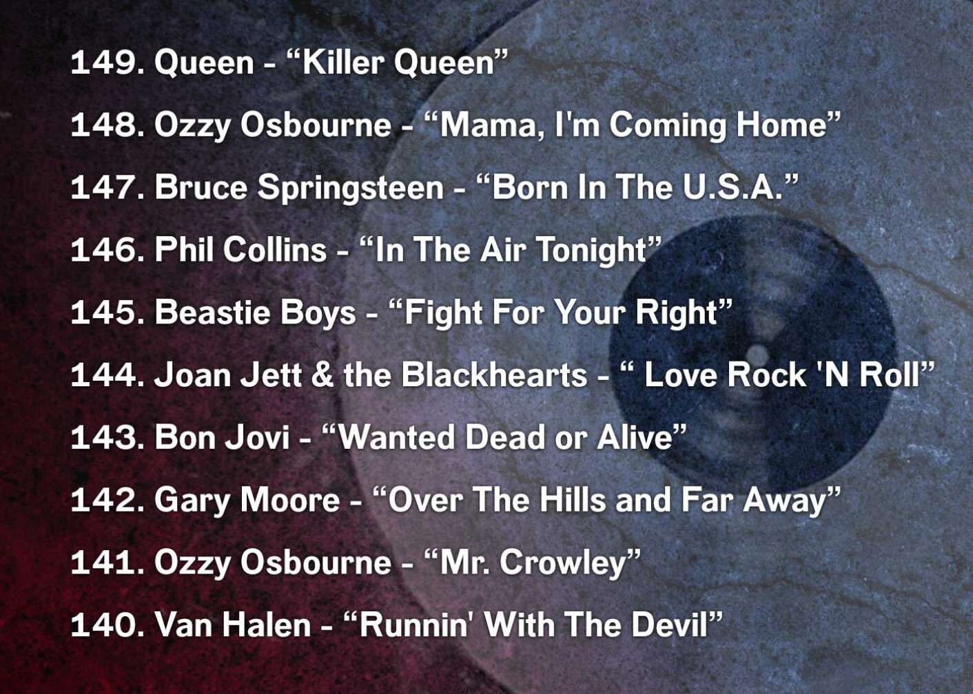 149. Queen - “Killer Queen” 148. Ozzy Osbourne - “Mama, I'm Coming Home” 147. Bruce Springsteen - “Born In The U.S.A.” 146. Phil Collins - “In The Air Tonight” 145. Beastie Boys - “Fight For Your Right” 144. Joan Jett & the Blackhearts - “ Love Rock 'N Roll” 143. Bon Jovi - “Wanted Dead or Alive” 142. Gary Moore - “Over The Hills and Far Away” 141. Ozzy Osbourne - “Mr. Crowley” 140. Van Halen - “Runnin' With The Devil”