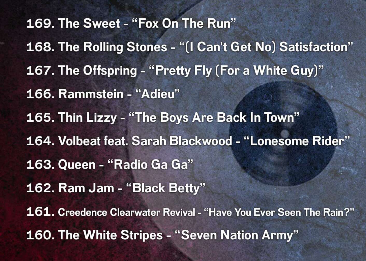 169. The Sweet - “Fox On The Run” 168. The Rolling Stones - “(I Can't Get No) Satisfaction” 167. The Offspring - “Pretty Fly (For a White Guy)” 166. Rammstein - “Adieu” 165. Thin Lizzy - “The Boys Are Back In Town” 164. Volbeat feat. Sarah Blackwood - “Lonesome Rider” 163. Queen - “Radio Ga Ga” 162. Ram Jam - “Black Betty” 161. Creedence Clearwater Revival - “Have You Ever Seen The Rain?” 160. The White Stripes - “Seven Nation Army”