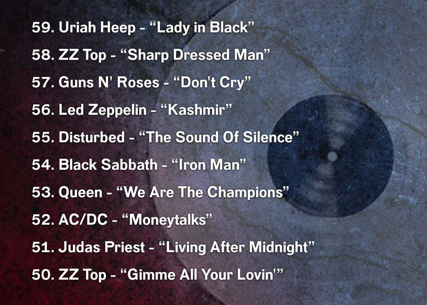 59. Uriah Heep - “Lady in Black” 58. ZZ Top - “Sharp Dressed Man” 57. Guns N' Roses - “Don't Cry” 56. Led Zeppelin - “Kashmir” 55. Disturbed - “The Sound Of Silence” 54. Black Sabbath - “Iron Man” 53. Queen - “We Are The Champions” 52. AC/DC - “Moneytalks” 51. Judas Priest - “Living After Midnight” 50. ZZ Top - “Gimme All Your Lovin'”