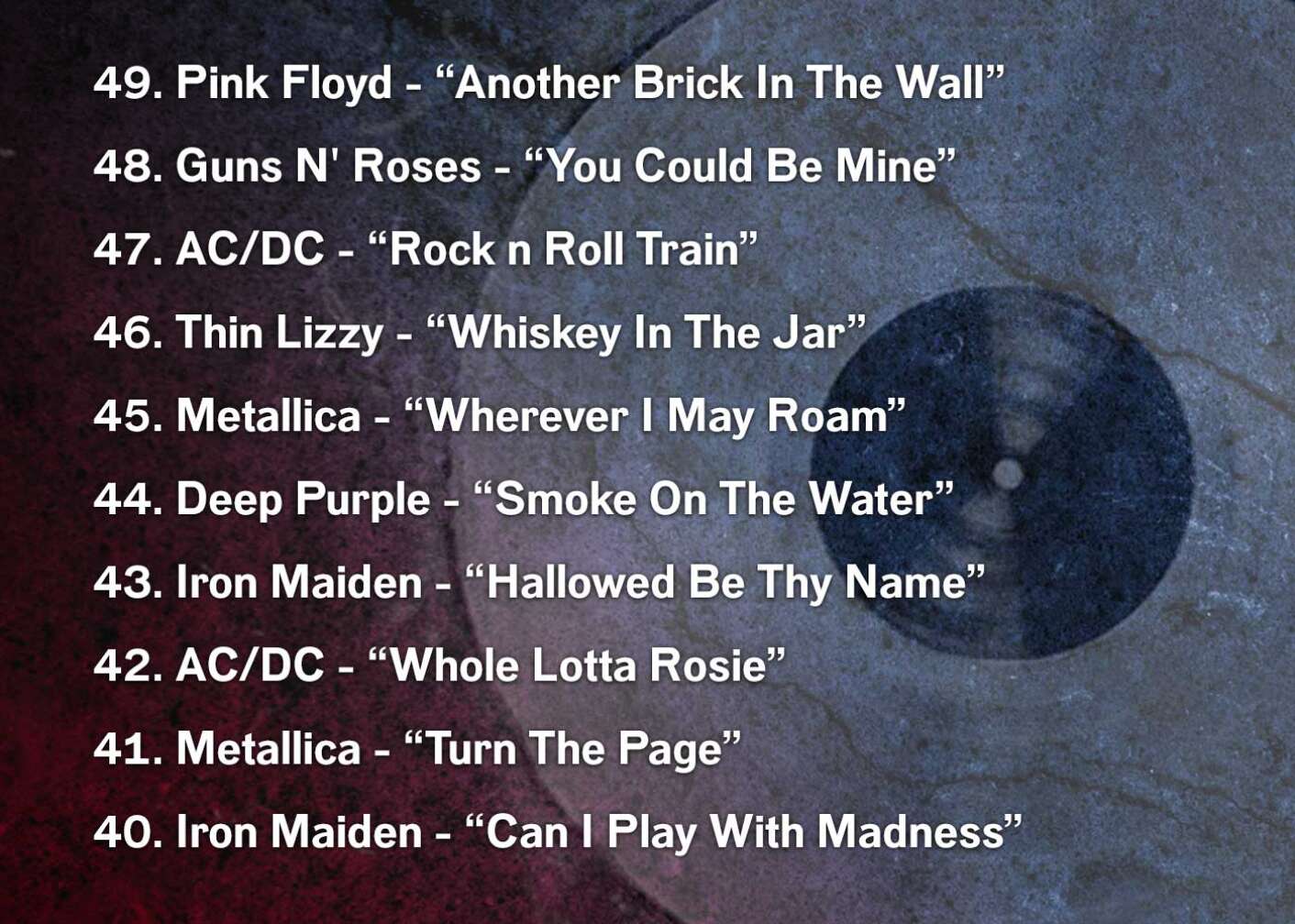 49. Pink Floyd - “Another Brick In The Wall” 48. Guns N' Roses - “You Could Be Mine” 47. AC/DC - “Rock n Roll Train” 46. Thin Lizzy - “Whiskey In The Jar” 45. Metallica - “Wherever I May Roam” 44. Deep Purple - “Smoke On The Water” 43. Iron Maiden - “Hallowed Be Thy Name” 42. AC/DC - “Whole Lotta Rosie” 41. Metallica - “Turn The Page” 40. Iron Maiden - “Can I Play With Madness”