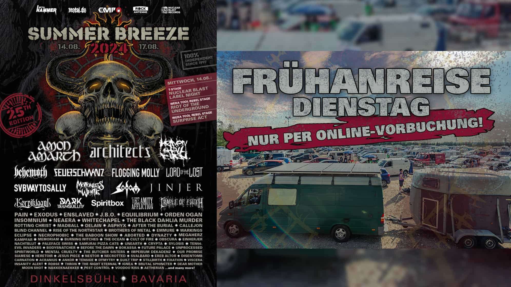 Festivalplakat des SUMMER BREEZE Open Air 2024 mit zweitem Bild vom Campingplatz, einfahrenden Autos und Text "Frühanreise Dienstag nur per Online-Vorbuchung"