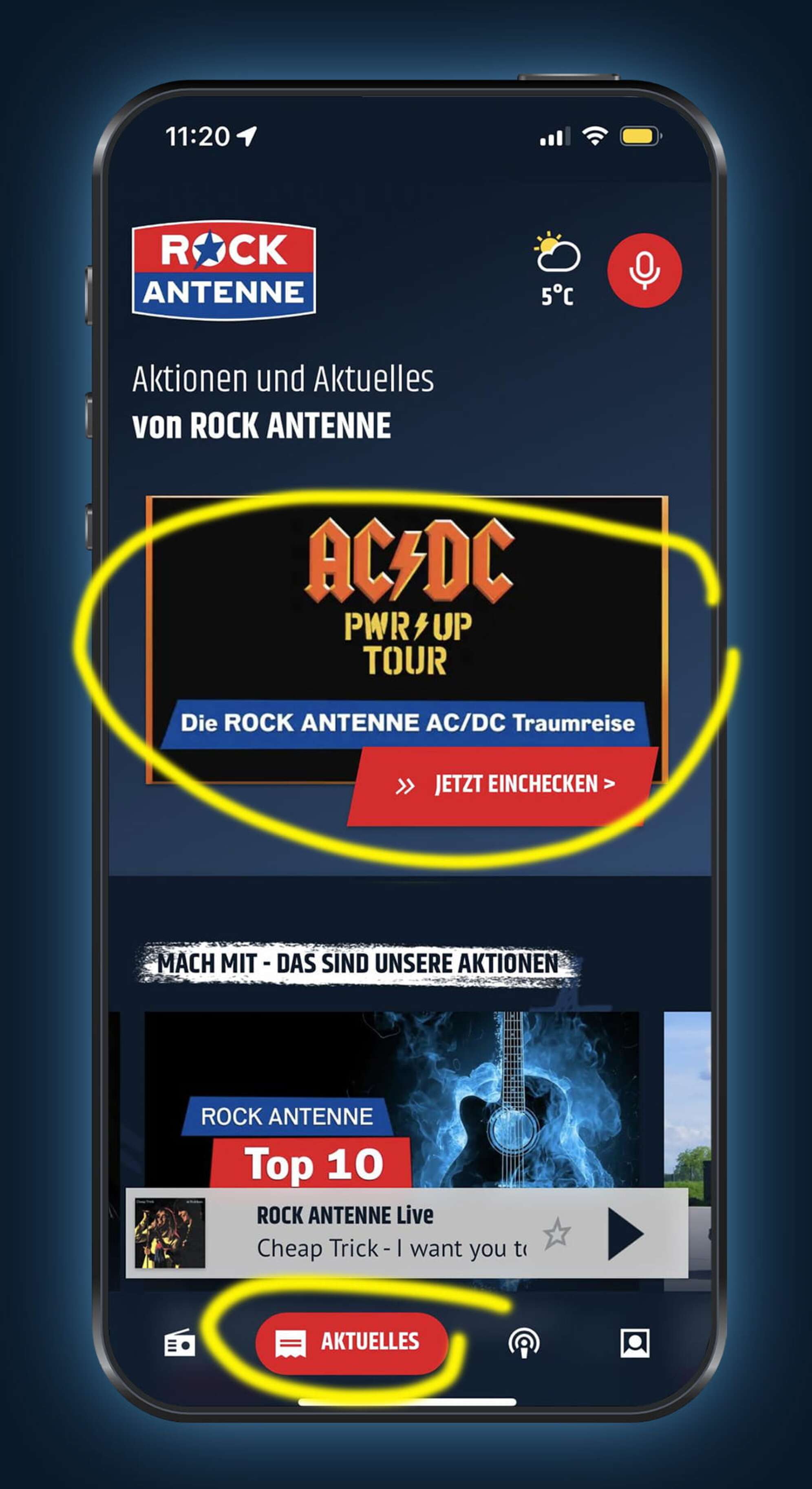 Screenshot der ROCK ANTENNE App mit der Aktionsgrafik zur AC/DC Traumreise mit dem Button "Einchecken"