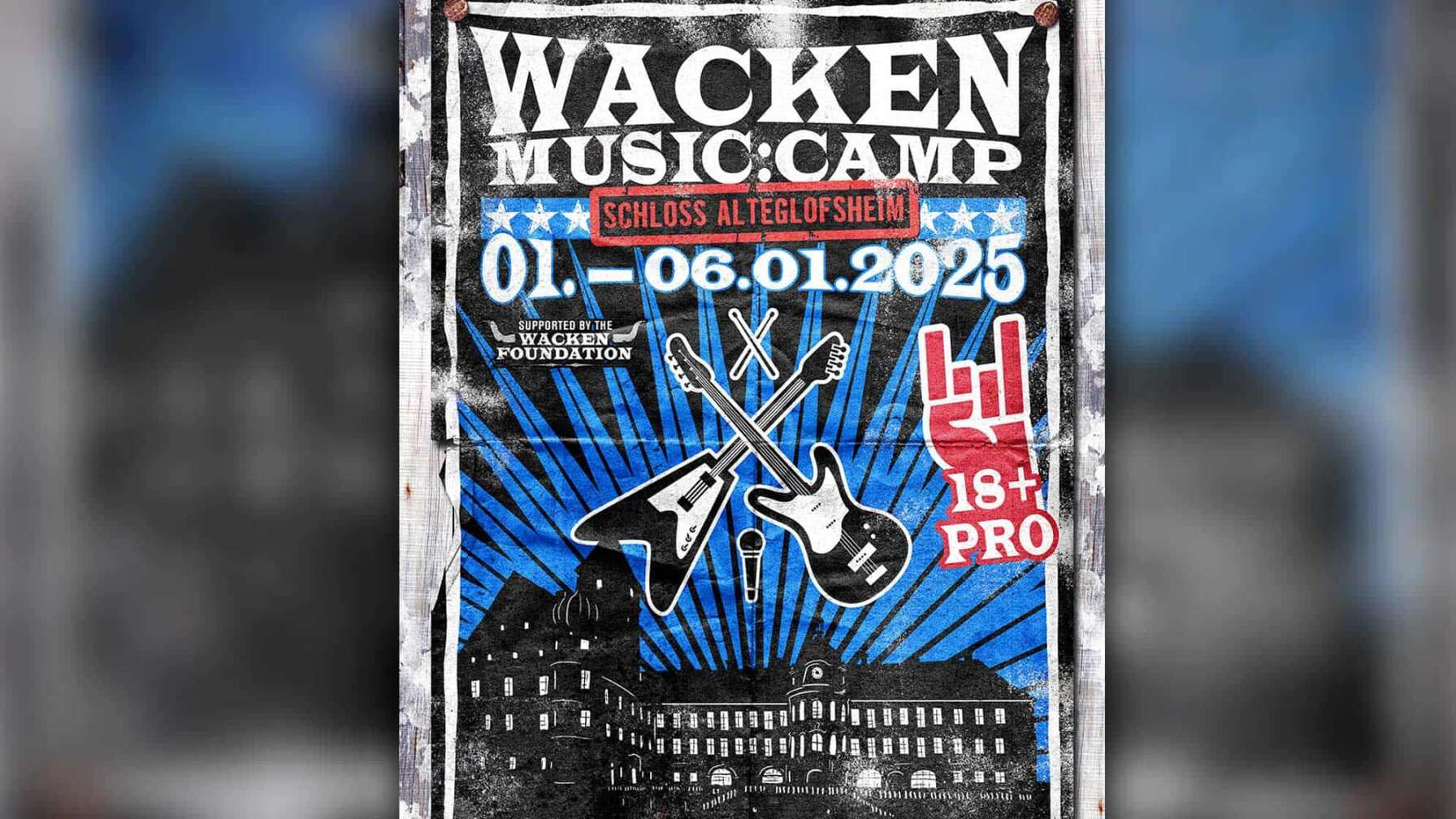 Werbegrafik des Wacken:Music:Camp Nachwuchs Förderprojekts in Schloss Alteglofsheim von 01. bis 06. Januar 2025