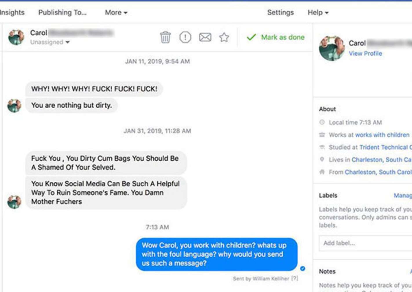 Facebook-Screenshot von Konversation zwischen Mastodon und einer wütenden Mutter